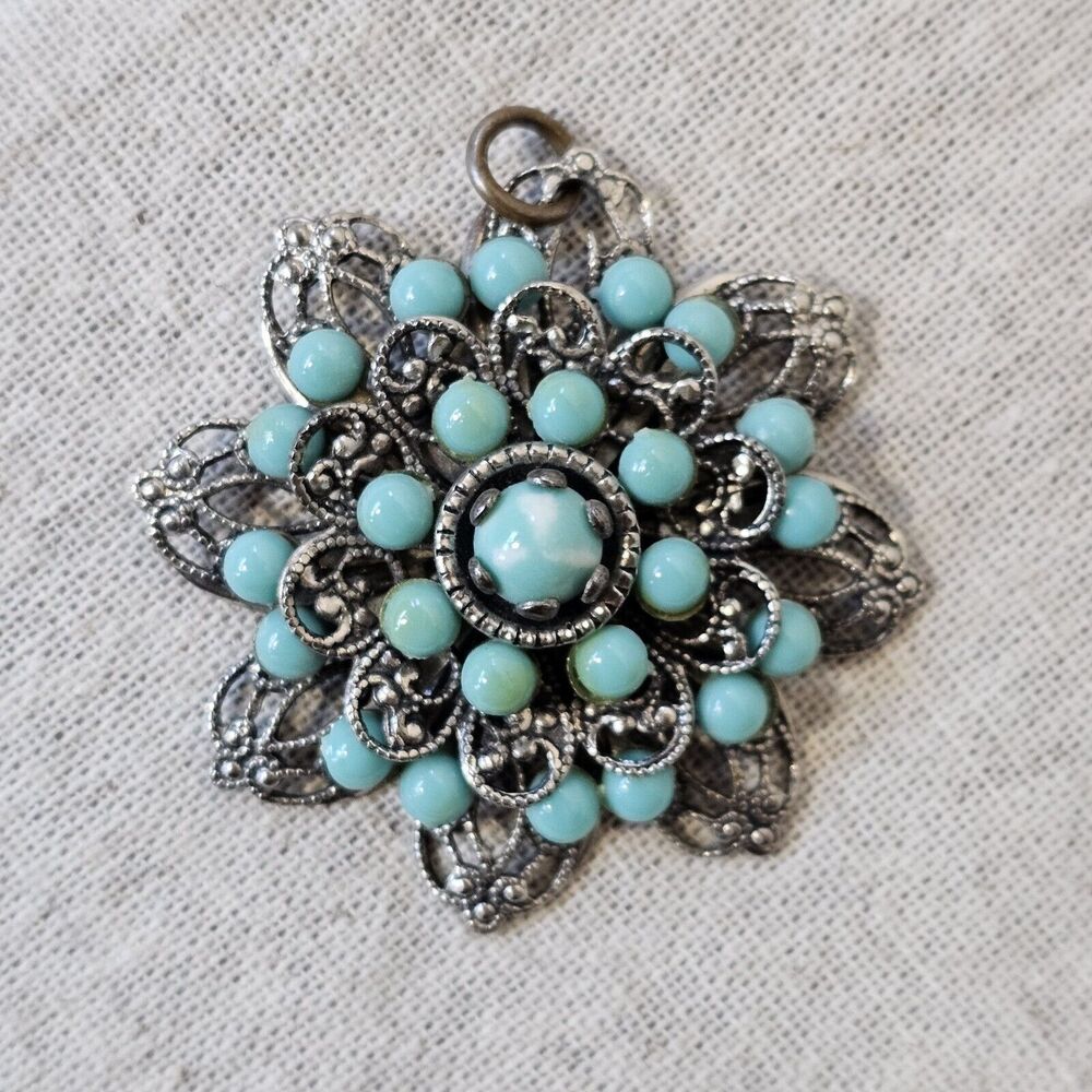 Vintage Silver Tone Filigree Faux Turquoise Cabochon Round Pendant 1.75"